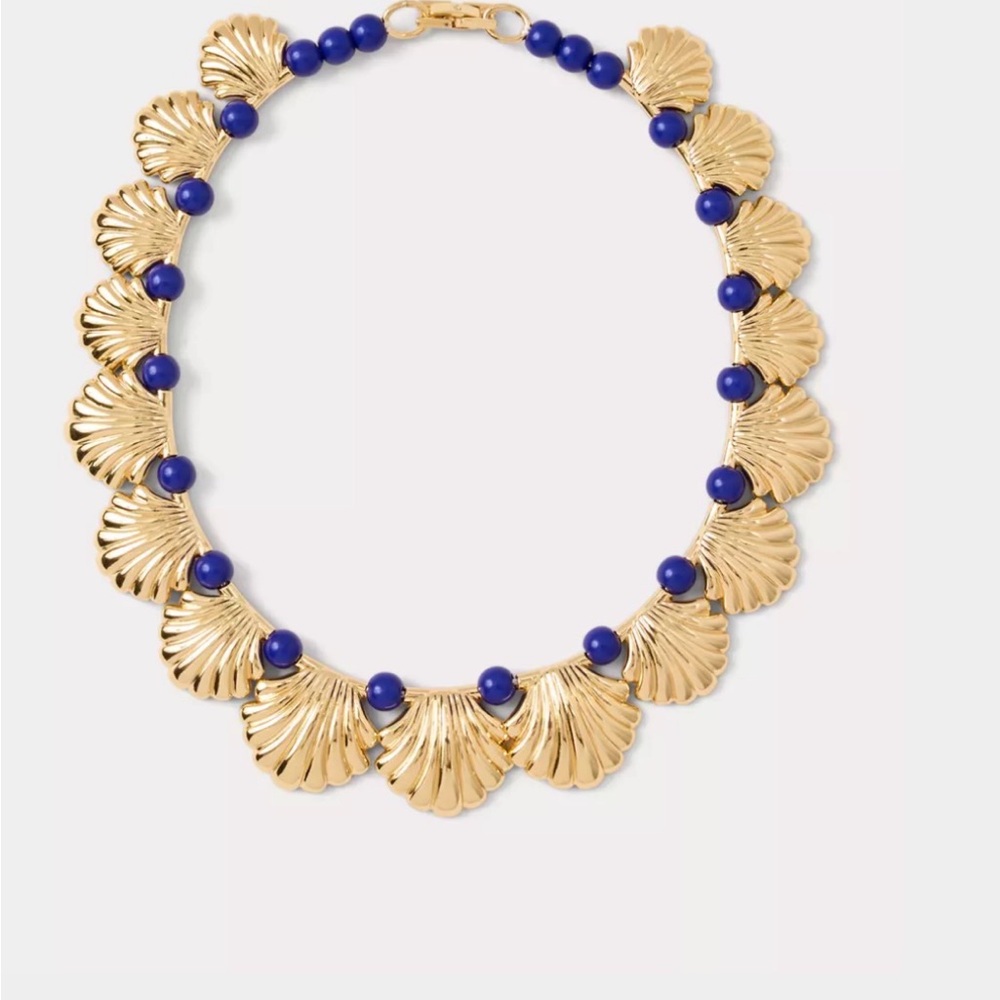 Lilly Pulitzer Gold Shell Necklace with Royal Blue Beads